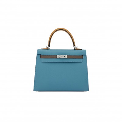 HERMÈS KELLY 25 BARK COLOR 2S SESAME DENIM BLUE EPSOM SILVER BUCKLE (25*17*7cm) 